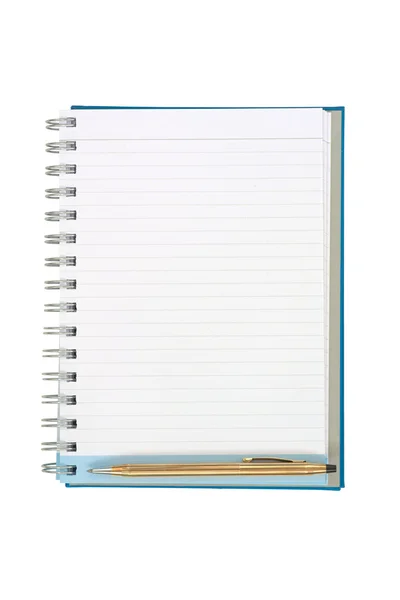 Cuaderno de línea de tira vacía con pluma de oro retorcido en la parte inferior de la página aislado sobre fondo blanco —  Fotos de Stock