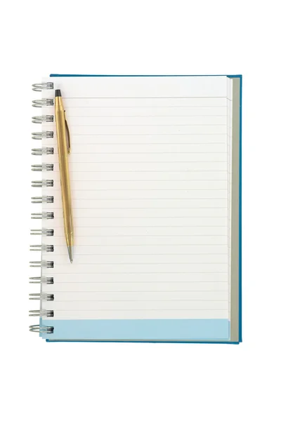 Empty strip line notebook with twisted gold pen on left side of page isolated on white background — Stockfoto