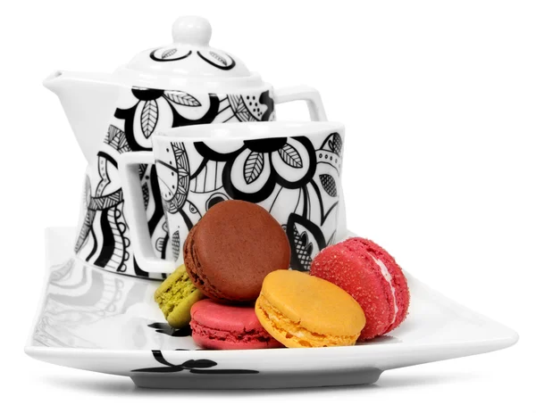 Macarons and tea set — Stock Photo, Image