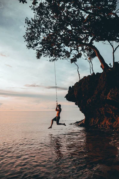 The guy enjoys the sunset riding on a swing on the ptropical beach. Silhouettes of a guy on a swing hanging on a palm tree