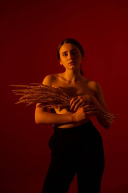 Kırmızı arka planda bir buket ölü tahtası olan bir kız.