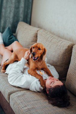 Kanepede bir kadınla yatan köpek.