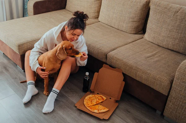 Menina sentada no chão e alimentando Cocker Spaniel pizza, apoiando-se no sofá — Fotografia de Stock