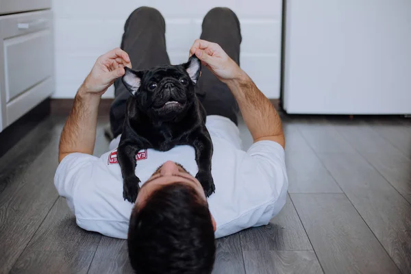 Chien chiot noir, couché sur un gars, jouer, montre les oreilles — Photo