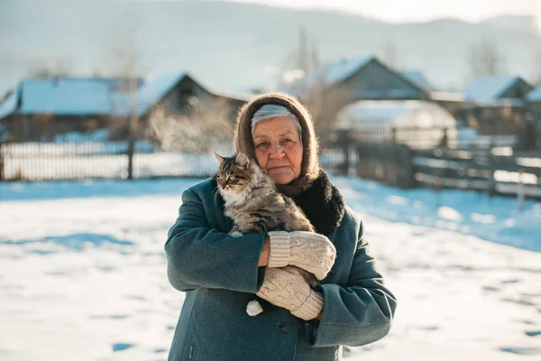 Rus büyükannesinin kollarında bir kedi yavrusu var. Köyü, Sibirya, kış.