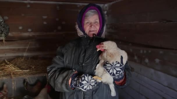 Видеопортрет пожилой русской женщины-фермера, держащей курицу — стоковое видео