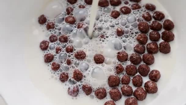 Prima colazione cereali, cornflakes, cioccolato in tazze di latte, colazione sana — Video Stock