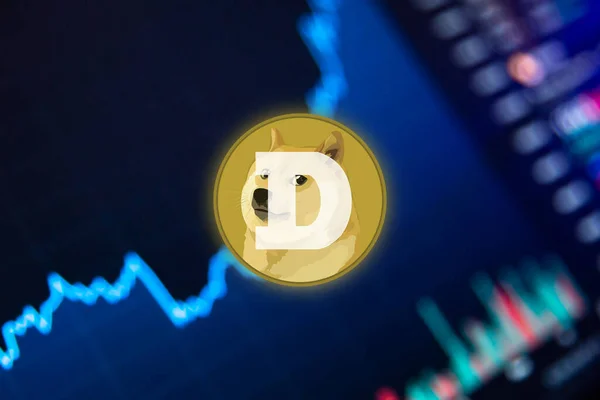 Dogecoin Cryptogeld. DOGE munt groei grafiek op de beurs, grafiek — Stockfoto