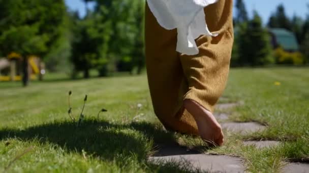 Κοντά σε μια γυναίκα ξυπόλητη περπατώντας στο πάρκο μια ηλιόλουστη μέρα — Αρχείο Βίντεο