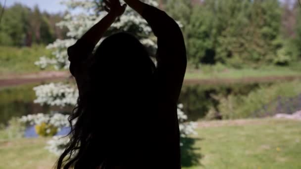Σιλουέτα μια γυναίκα χορεύει απολαμβάνοντας τη ζωή και απολαμβάνοντας τη φύση — Αρχείο Βίντεο