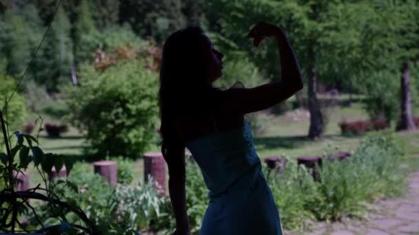 Silhouette of a young hippie woman dancing in nature in a trance state — 图库视频影像