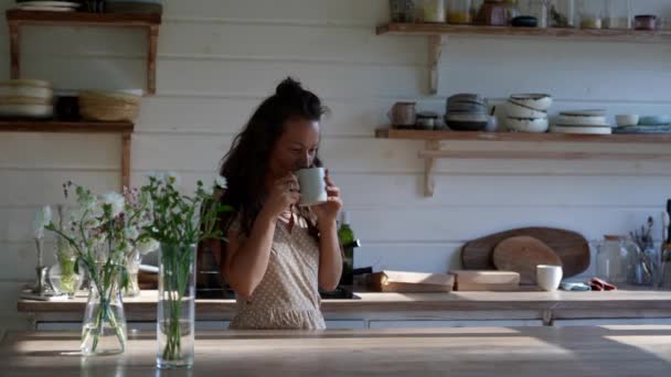 Een vrouw drinkt schoon gefilterd kraanwater in een glas en kijkt uit het raam — Stockvideo