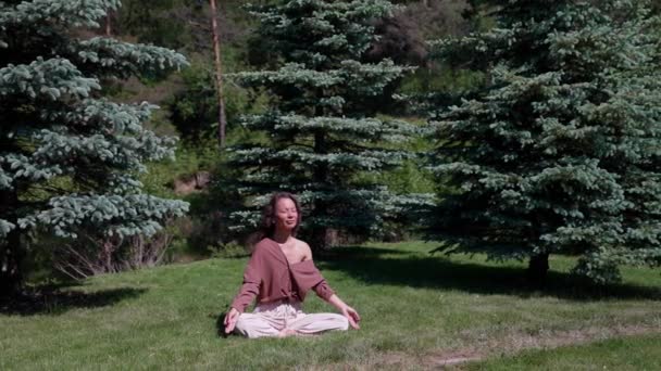 魅力的な若い長髪のアジアのブルネットは美しい緑豊かな公園で屋外で瞑想します — ストック動画