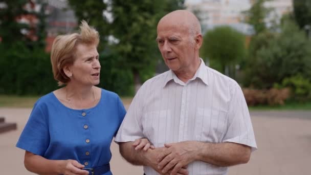 Пожилая пара, бабушка и дедушка, гуляют в летнем парке. Счастливый старый муж, жена наслаждаются временем, проведенным вместе после выхода на пенсию — стоковое видео