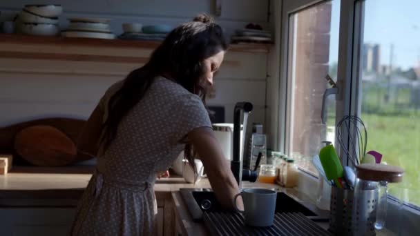 Uma dona de casa feminina lava a pia sob água corrente em uma cozinha clássica — Vídeo de Stock