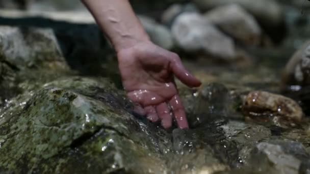 Een stroom van zuiver levend water dat in vrouwenhanden stroomt om eenheid met de natuur te genieten. slow motion bergwater stroom — Stockvideo