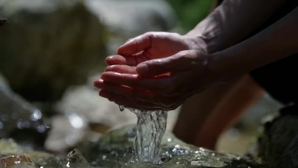 Close-up van een vrouw handen in slow motion typen in haar handen uit een stroom van berg helder water. Buitenvakantie in de open lucht. Het concept van een gezonde en gelukkige levensstijl. — Stockvideo