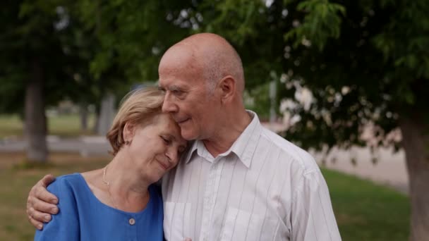 Nettes älteres Paar, das sich auf der Straße umarmt. die Liebe zweier Menschen ein Leben lang — Stockvideo