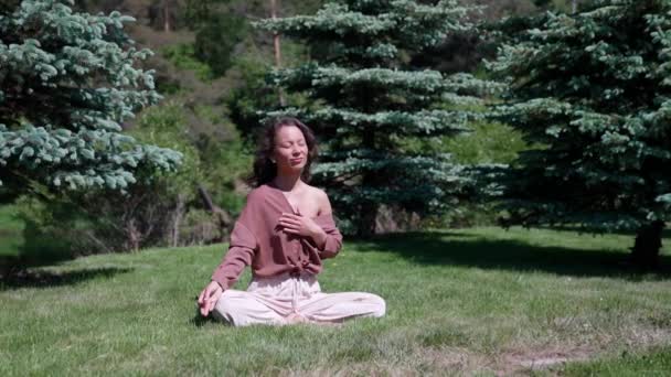 Uvolněná Asiatka v neformálních šatech medituje v lotosové poloze, sedí na trávě se zavřenýma očima a s namastěnýma rukama si užívá meditaci.. — Stock video