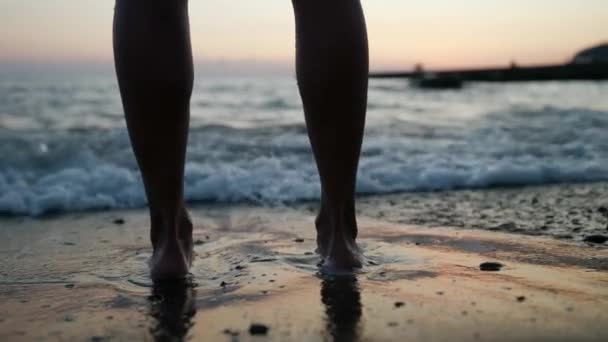 Κοντινό πλάνο μιας γυναίκας με πόδια που στέκεται σε μια παραλία του ωκεανού το ηλιοβασίλεμα — Αρχείο Βίντεο