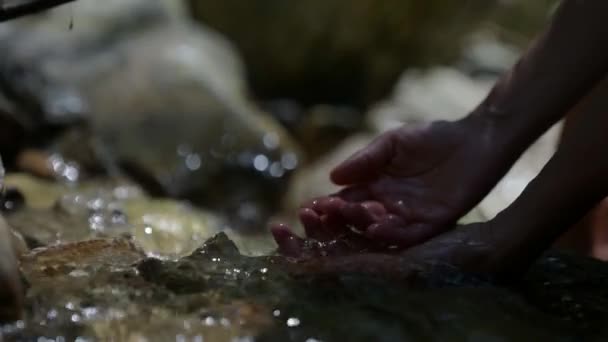 Close-up van een volwassen vrouwenhanden die het levende water aanraken in een bergstroom die eenheid met de natuur geniet — Stockvideo