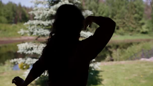 Silhouet van een vrouw in een elegante oosterse dans in de natuur — Stockvideo