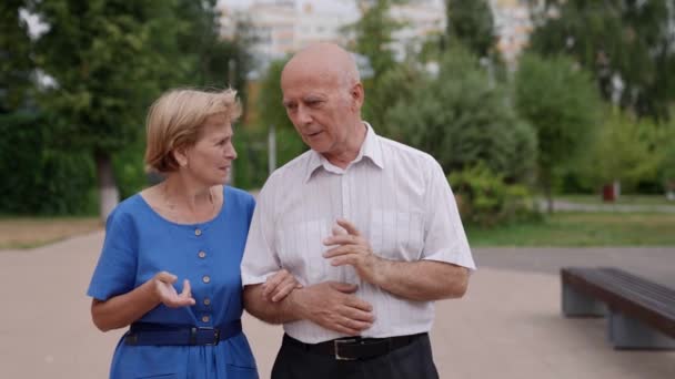 古いヨーロッパのカップルが公園を歩いて屋外で話しているのを愛しています — ストック動画