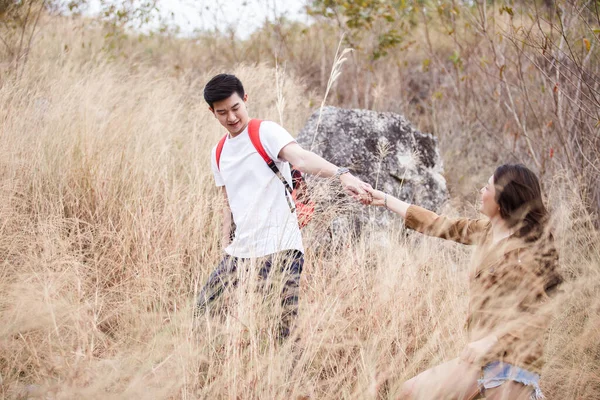 Asian Couple Backpack Hiking Walking Gold Meadow Man Woman Lovely — Stock Photo, Image