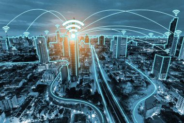 Wi-Fi ikon topluluğu grafikleri ve şehriyle ağ bağlantısı. Şehir manzarası Bangkok Tayland.