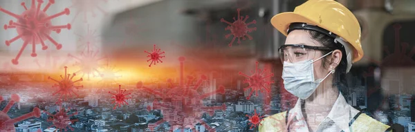 Vrouwen Engineering Dragen Gezichtsmasker Fabriek Industrial Dubbele Blootstelling Stadsgezicht Pandemische — Stockfoto