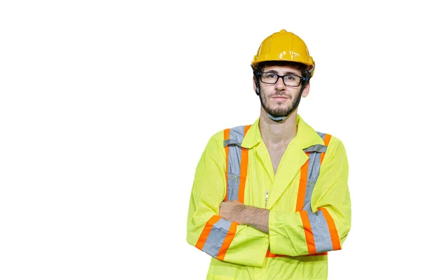 Retrato Homem Industrial Vestindo Segurança Uniforme Hardhat Isolado Fundo Branco — Fotografia de Stock