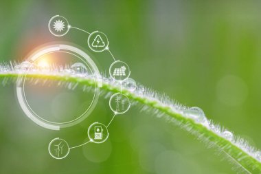 Yeşil çimen arka planında su damlası olan güç ve çevre simgeleri. enerji ve çevre kavramı.