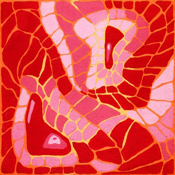 Abstract stained glass contemporary art illustration. Colorful artistic drawing art. Painted hand drawn background, mosaic conceptual art in red and pink colors. Snake skin abstract texture.