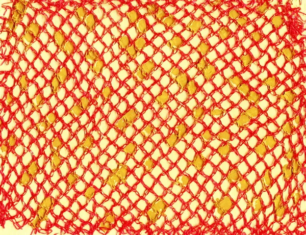 Contemporary abstract art illustration. Red plaid meshy texture and yellow color paint drops