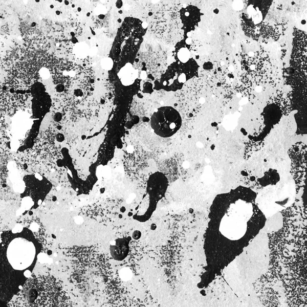Contemporary abstract art illustration. Grungy black and white paper texture with paint drops.
