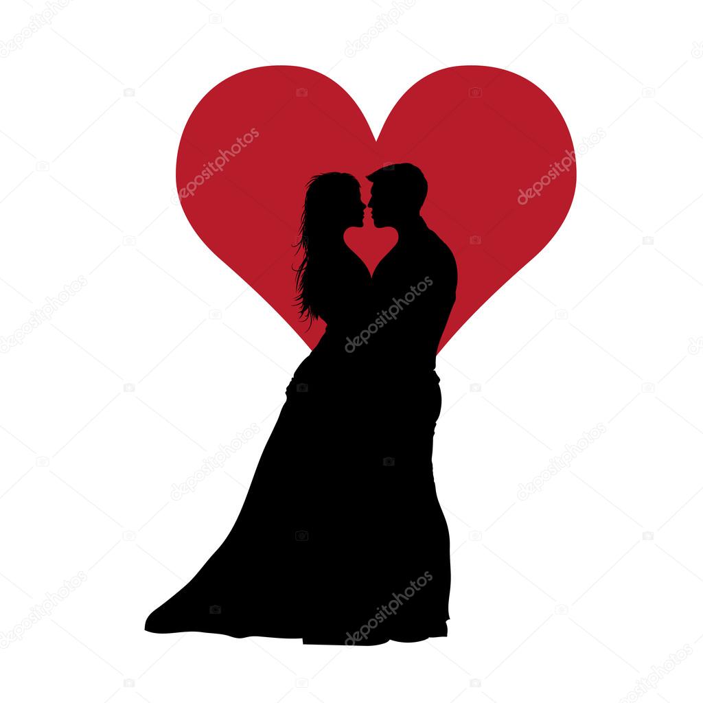 Couple In Love With Red Heart Black Vector Illustration