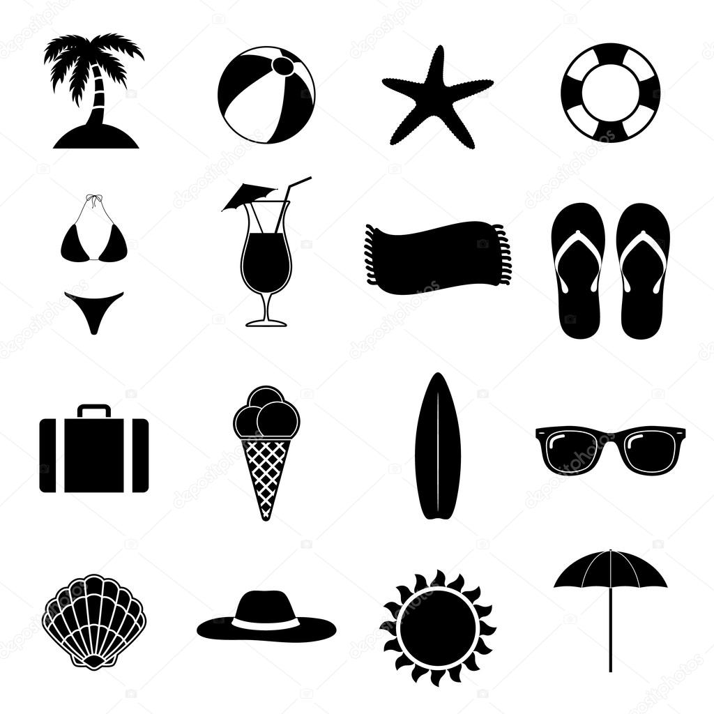 Summer Beach Black Vector Illustration Of Silhouette Icons
