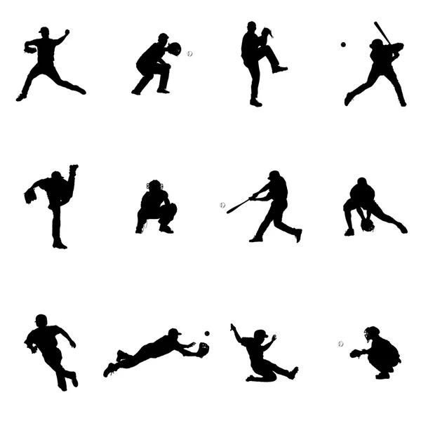 Baseball Set di dodici nero vettoriale silhouette illustrazioni — Vettoriale Stock