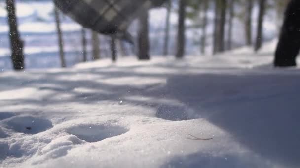 スローモーションで雪の上に置かれたピクニックブランケット — ストック動画