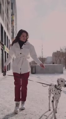 Köpeklerle gezen komik bir kız. Dikey video