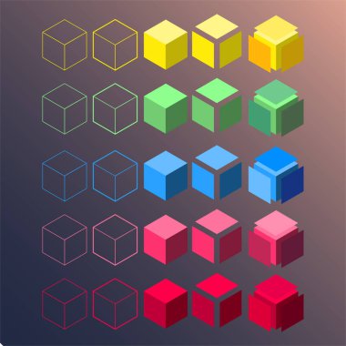 Soyut fütüristik izometrik renk kutusu kalıbı kübü seti. Reklam, poster, sanat eseri, şablon tasarımı, yazdırma için dekorasyon. 