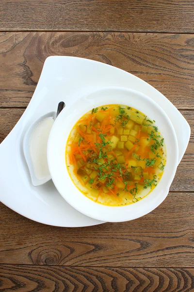 Tasty pickle soup in white plate — Stock Photo, Image