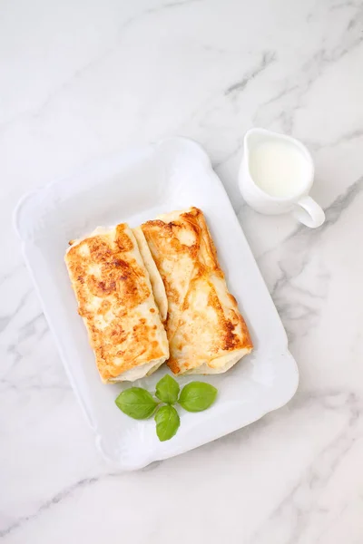 Tasty Stuffed Pancakes Crepes Meat Sauce Basil Food Photography Top — Stock Photo, Image