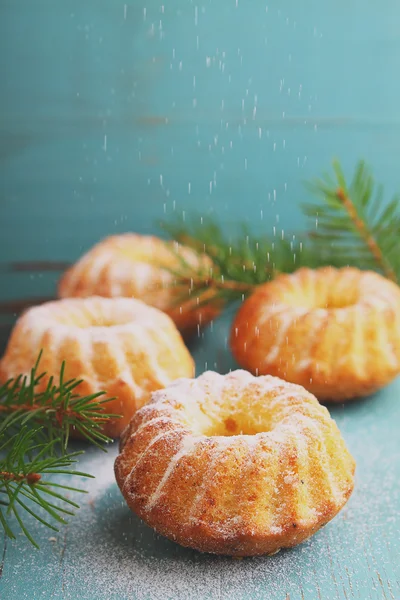 Tortas caseras con ramas de abeto decoradas con azúcar en polvo — Foto de Stock