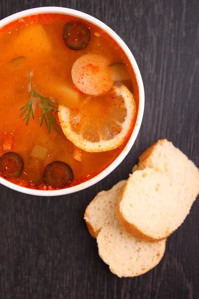 Solyanka soup with sausages — Stock Photo, Image