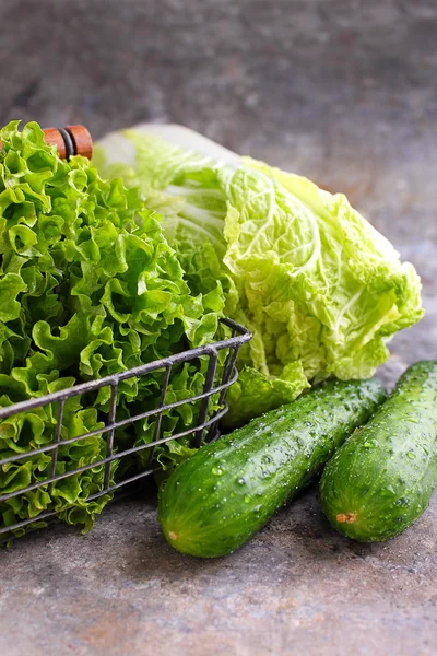 Зелене листя салату та огірків — стокове фото
