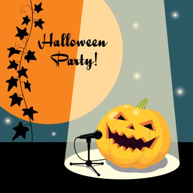 Halloween greeting card, witch flying over a town clipart