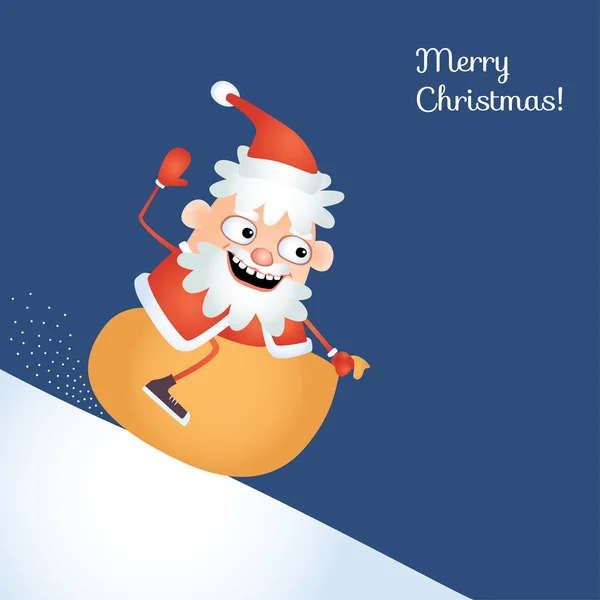 Сумасшедший Санта катается на санках по снежному холму на своем мешке. Рождественская открытка . — стоковый вектор