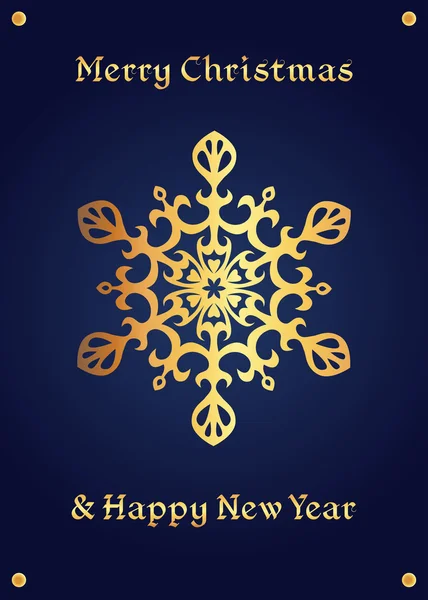 Elegant golden snowflake on a deep blue background, christmas card — Stock Vector