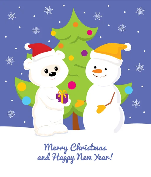 Kutup ayısı ve kardan adam Noel tebrik kartı — Stok Vektör